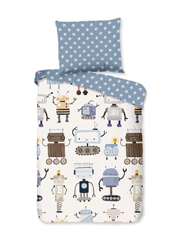 Good Morning Kinder Baby Bettwäsche 100x135 Robo Roboter Sterne blau weiß 33032 von Good Morning