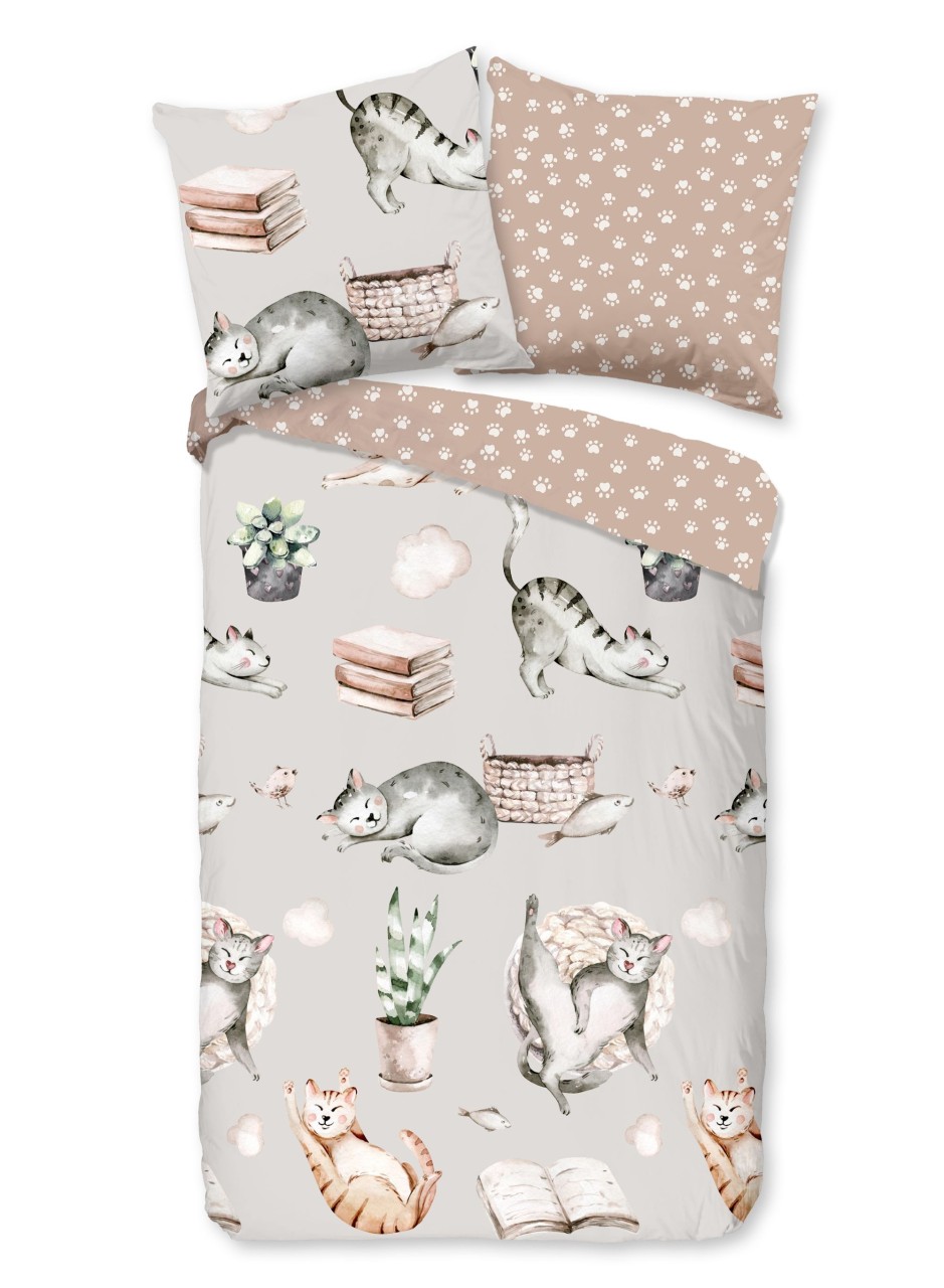 Good Morning Kinder Bettwäsche 135x200 Catlife Katzen Wende grau beige 30855 von Good Morning