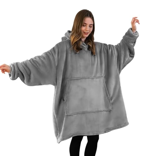 Good Nite Decke mit Ärmeln für Frauen und Männer Sherpa kuscheldecke Tragbare Decken Adult Cosy Sweater Tragbare Warm Decken Übergroßer hoodie mit Taschen Grau （80x85cm） von Good Nite