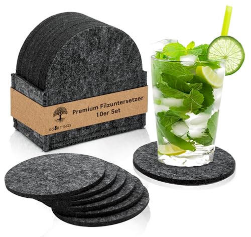 GOOD THINGS - FiLZi Premium Filz-Untersetzer für Gläser - 10er Untersetzer Set inkl. Filzaufbewahrung - Glasuntersetzer für Getränke - Getränkeuntersetzer Rund (Dunkelgrau) von Good Things