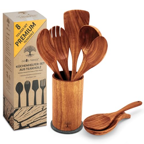 GOOD THINGS - Teakholz-Kochbesteck Set - 8-teiliges Kochlöffelset aus Holz - Langlebig & Natürlich - Hitzebeständig & Praktisch - Holzlöffel Set - Küchenutensilien - Küchenhelfer - Holzgeschirr von Good Things