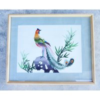 Vintage Gerahmte Pfau Stickerei Kunst Seide Handgemacht Textil Dekor von GoodOldTimeArt