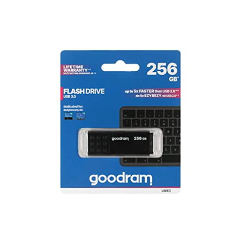 goodram USB-Speicherstick mit 256GB UME3 - USB 3.0 DatenSpeicherung Pen Drive - Lesegeschwindigkeit bis zu 60 MBs - mit Anti Rutsch Memory Stick - USB Flash Laufwerk Schwarz 10,3 x 12,3 x 1,2 cm von goodram