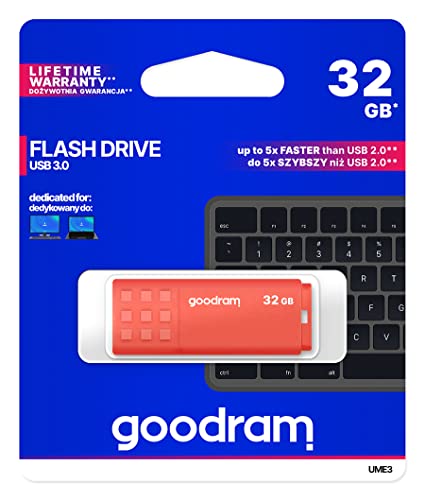 goodram USB-Speicherstick mit 32GB UME3 - USB 3.0 DatenSpeicherung Pen Drive - Lesegeschwindigkeit bis zu 60 MBs - Memory Stick - USB Flash Laufwerk mit Kunststoffgehäuse - Orange von goodram