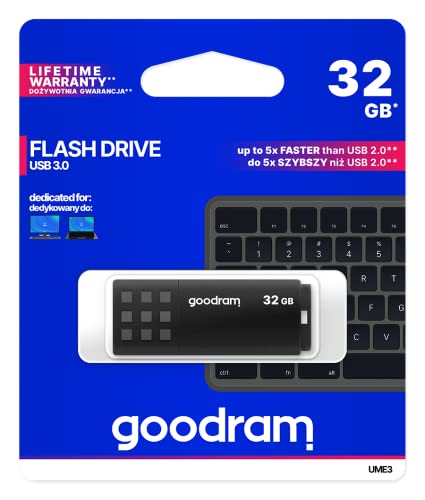 goodram USB-Speicherstick mit 32GB UME3 - USB 3.0 DatenSpeicherung Pen Drive - Lesegeschwindigkeit bis zu 60 MBs - mit Anti Rutsch Memory Stick - USB Flash Laufwerk Schwarz 10,3 x 12,3 x 1,2 cm von goodram