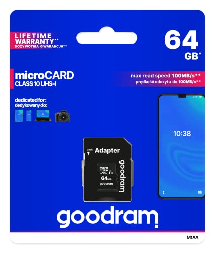 goodram 64GB M1AA Mikrokarte Hohe Geschwindigkeit Klasse 10 Speicherkarte mit Adapter und UHS-I Schnittstelle Lesegeschwindigkeit bis zu 100 MB/s Schreibgeschwindigkeit ab 10 MB/s 64 GB von goodram