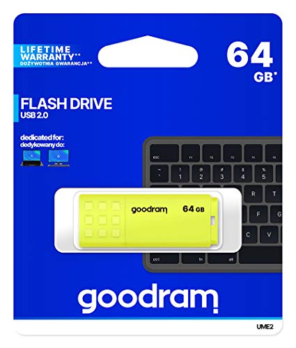 goodram - UME2 USB Stick, Flash-Laufwerk USB 2.0, 64 GB - Lesegeschwindigkeit bis zu 20 MB/s - Schreibgeschwindigkeit bis zu 5 MB/s - Schutzkappe - Rutschfestes Material - Gelb von GoodRam