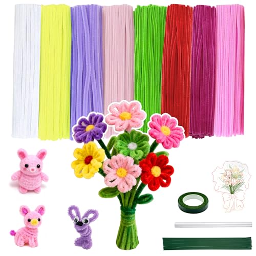 Pfeifenreiniger, Bastelbedarfsmaterialien – 500 Stück Pfeifenreiniger mit grünen Stielen und DIY-Zubehör, flauschige, dicke Pfeifenreiniger, Blumen-Set, Pastellfarben, Pfeifenreiniger, Kunst von Goodaily