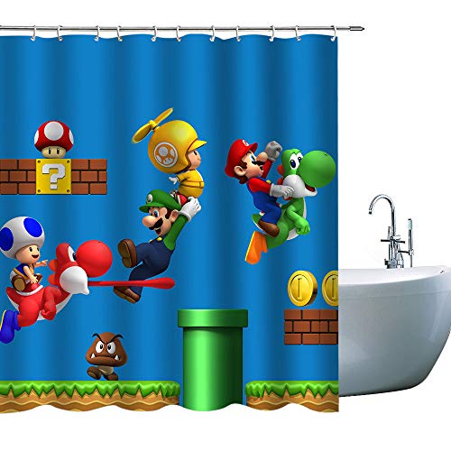 Kinder Cartoon Duschvorhänge Super Mario, 3D-Druck Kinder Duschvorhang, Kinder Junge Bad Dekor Stoffvorhänge Sets mit Haken, 180,3 x 180,3 cm von Goodcare