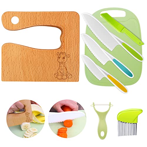 Goodchef Kindermesser 8-teiliges Kinder-Küchenmesser-Set zum Schneiden und Kochen von Obst oder Gemüse für Kleinkinder, Sicherheit Holzmesser Schneidebrett Schäler Messer ab 2 jahre (Giraffe) von Goodchef