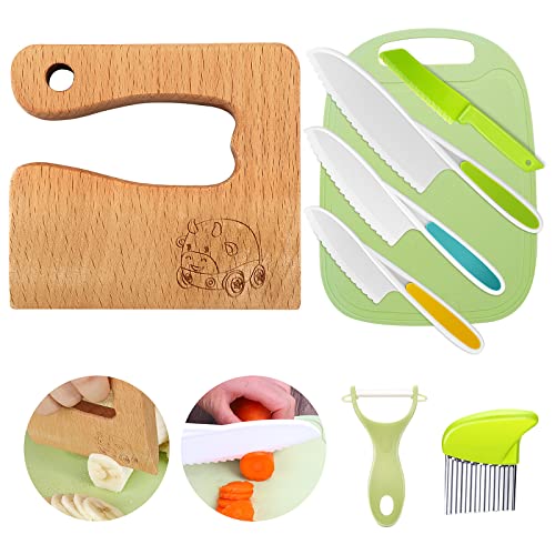 Goodchef Kindermesser 8-teiliges Kinder-Küchenmesser-Set zum Schneiden und Kochen von Obst oder Gemüse für Kleinkinder, inklusive Holzmesser Schneidebrett Schäler(Ochsenkarren) von Goodchef