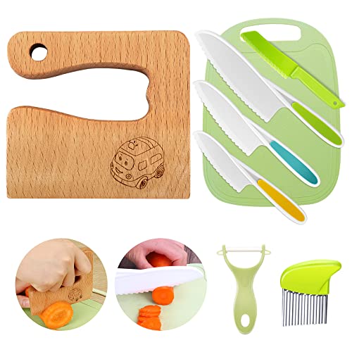 Goodchef Kindermesser 8-teiliges Kinder-Küchenmesser-Set zum Schneiden und Kochen von Obst oder Gemüse für Kleinkinder, inklusive Holzmesser Schneidebrett Schäler(Wagen) von Goodchef