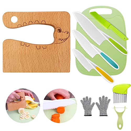 Goodchef Kindermesser 9-teiliges Kinder-Küchenmesser-Set zum Schneiden und Kochen von Obst oder Gemüse für Kleinkinder, inklusive Holzmesser Schneidebrett Schäler Kinderhandschuhe(Krokodil) von Goodchef