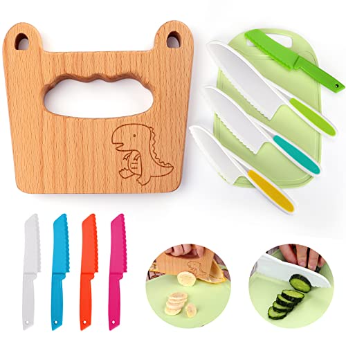 Kindermesser 10-teiliges Kinder-Küchenmesser-Set zum Schneiden und Kochen von Obst oder Gemüse für kleine Kinder, Holzmesser und Schneidebrett für Kinder Messer ab 2 jahre(Kleiner Dinosaurier) von Goodchef