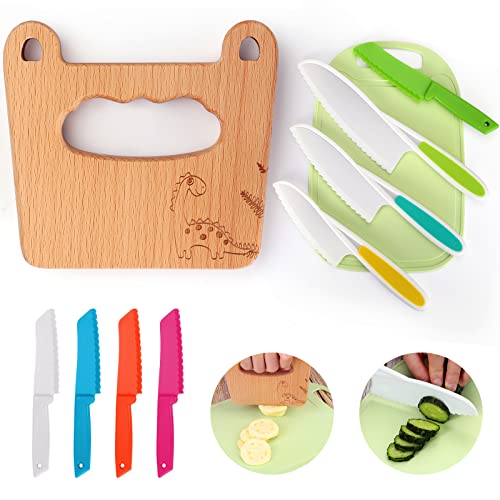 Kindermesser 10-teiliges Kinder-Küchenmesser-Set zum Schneiden und Kochen von Obst oder Gemüse für kleine Kinder, einschließlich Holzmesser und Schneidebrett für Kinder ab 2 jahre (Blatt-Dinosaurier) von Goodchef