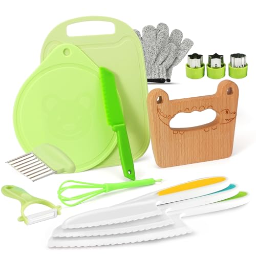 Kindermesser 14-teiliges Kinder-Küchenmesser-Set zum Schneiden und Kochen von Obst oder Gemüse für Kleinkinder, Kinder kochset Kochmesser Sicherheit Messer (Krokodil) von Goodchef