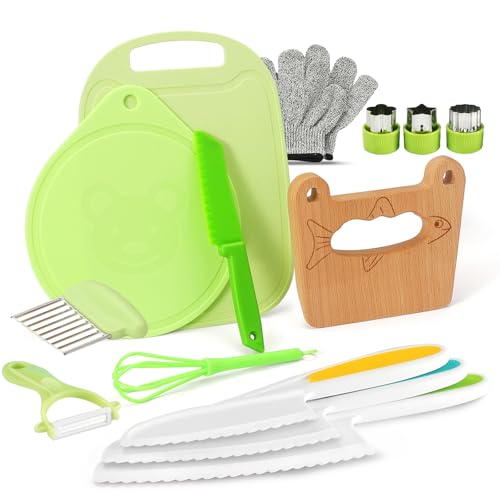 Kindermesser 14-teiliges Kinder-Küchenmesser-Set zum Schneiden und Kochen von Obst oder Gemüse für Kleinkinder, kinder kochset Kochmesser Sicherheit Messer (Fisch) von Goodchef