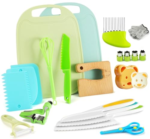 Kindermesser 21-teiliges Kinder Sicherheit Kochmesser für echtes Kochen von Obst oder Gemüse mit Holzmesser, Küchenmesser, Schneidebrett, etc. Kinder Kochset Messer für Kinder ab 2 jahre (Krokodil) von Goodchef