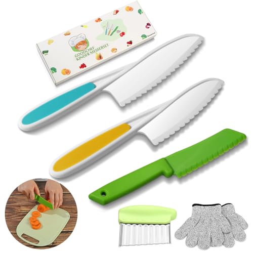 Kindermesser 5-teiliges Kinder Sicherheit Küchenmesser Set zum Schneiden und Kochen von Obst oder Gemüse inklusive Kochmesser Obstmesser Kinderhandschuhe - ab 3 Jahre - Geschenksets für Kinder von Goodchef