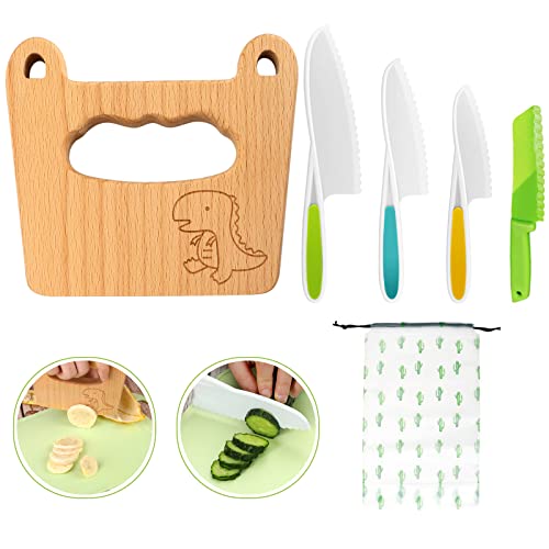 Goodchef Kindermesser 5-teiliges Kinder-Küchenmesser-Set zum Schneiden und Kochen von Obst oder Gemüse für Kleinkinder, inklusive kindersicherem Holzmesser Messer ab 2 jahre(Großäugiger Dinosaurier) von Goodchef