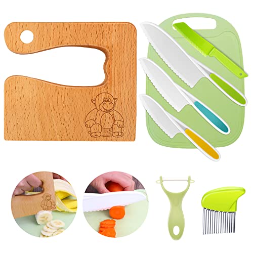 Kindermesser 8-teiliges Kinder-Küchenmesser-Set zum Schneiden und Kochen von Obst oder Gemüse für Kleinkinder, Sicherheit Holzmesser Schneidebrett Schäler Messer ab 2 jahre (Orang-Utan) von Goodchef