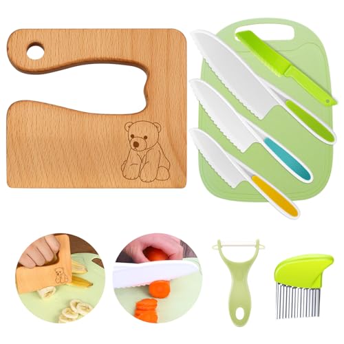 Kindermesser 8-teiliges Kinder-Küchenmesser-Set zum Schneiden und Kochen von Obst oder Gemüse für Kleinkinder, inklusive Holzmesser Schneidebrett Schäler(Bear) von Goodchef