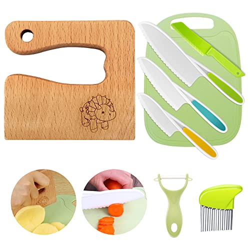 Goodchef Kindermesser 8-teiliges Kinder-Küchenmesser-Set zum Schneiden und Kochen von Obst oder Gemüse für Kleinkinder, inklusive Holzmesser Schneidebrett Schäler(Dinosaurier) von Goodchef