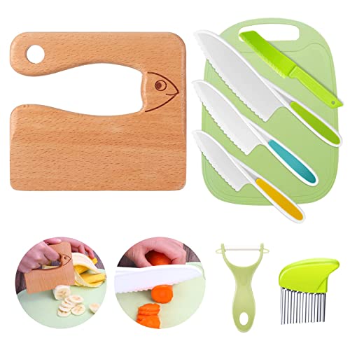 Kindermesser 8-teiliges Kinder-Küchenmesser-Set zum Schneiden und Kochen von Obst oder Gemüse für Kleinkinder, inklusive Holzmesser Schneidebrett Schäler(Fisch) von Goodchef