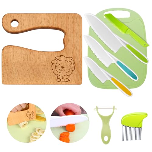 Goodchef Kindermesser 8-teiliges Kinder-Küchenmesser-Set zum Schneiden und Kochen von Obst oder Gemüse für Kleinkinder, inklusive Holzmesser Schneidebrett Schäler(Lion) von Goodchef