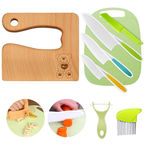 Kindermesser 8-teiliges Kinder-Küchenmesser-Set zum Schneiden und Kochen von Obst oder Gemüse für Kleinkinder, inklusive Holzmesser Schneidebrett Schäler(Love Bear) von Goodchef