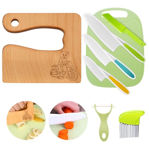 Kindermesser 8-teiliges Kinder-Küchenmesser-Set zum Schneiden und Kochen von Obst oder Gemüse für Kleinkinder, inklusive Holzmesser Schneidebrett Schäler(Moto Bear) von Goodchef