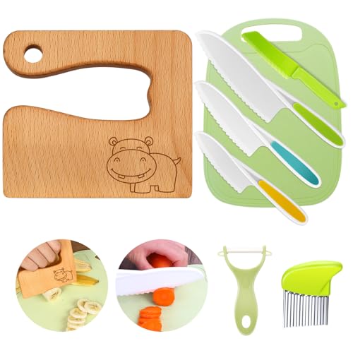 Kindermesser 8-teiliges Kinder-Küchenmesser-Set zum Schneiden und Kochen von Obst oder Gemüse für Kleinkinder, inklusive Holzmesser Schneidebrett Schäler(Nilpferd) von Goodchef