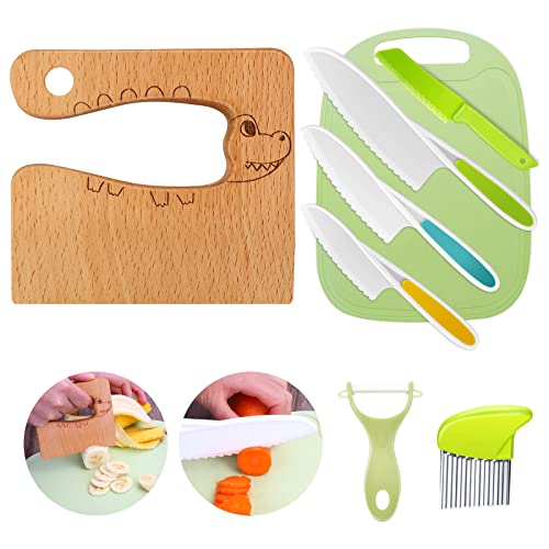 Kindermesser 8-teiliges Kinder-Küchenmesser-Set zum Schneiden und Kochen von Obst oder Gemüse für Kleinkinder, inklusive Holzmesser Schneidebrett Schäler (Krokodil) von Goodchef