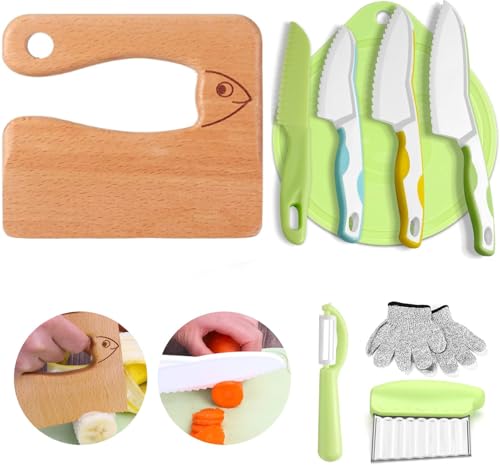 Kindermesser 9-teiliges Kinder-Küchenmesser-Set zum Schneiden und Kochen von Obst oder Gemüse für Kleinkinder, inklusive Montessori Messer, Holzmesser Schneidebrett Schäler Kinderhandschuhe(Fisch) von Goodchef