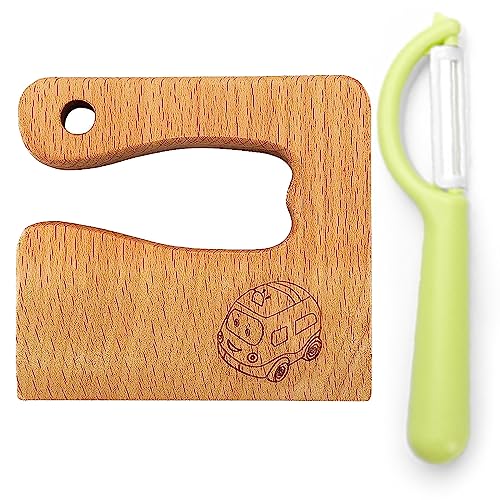 Kindermesser Kinder-Küchenmesser-Set zum Schneiden und Kochen von Obst oder Gemüse für Kleinkinder, inklusive Holzmesser Schäler Messer ab 2 jahre(Wagen) von Goodchef