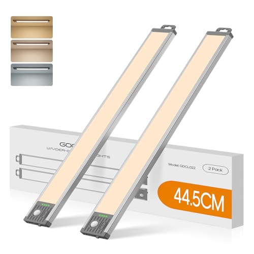Goodea Unterschrank Beleuchtung Küche -44.5CM 4500mAh Schrankbeleuchtung LED Bewegungssensor, 90 LEDs Aufladbar Unterbauleuchte, 3 Farbten Dimmbar Schranklicht für Küche Büro Schlafzimmer (2er Set) von Goodea