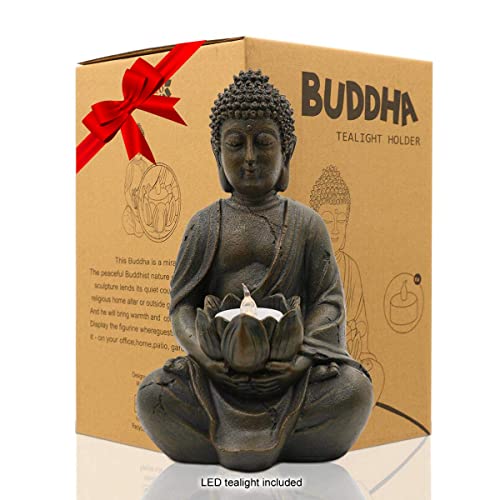 Goodeco Meditierender Buddha-Teelichthalter/Kerzenhalter, Buddha-Figur, Zen-Statue mit Lotus, Innen- und Außendekoration für Zuhause, Terrasse, mit LED-Teelicht, Polyresin, antiker Bronze-Look von Goodeco