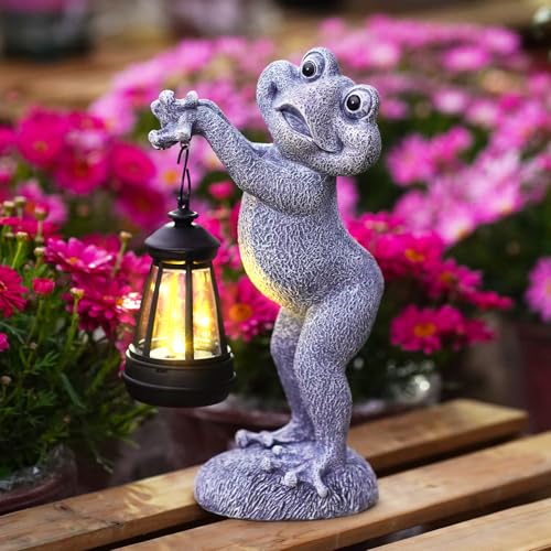 Goodeco Solar Froschstatue mit Laternen – Graue Handgefertigte Außendeko aus Resin, Stark Wasserdicht für Garten, Balkon & Terrasse, Naturnahe Geschenkidee für Mama & Oma von Goodeco