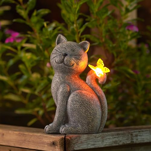 Katzen Figuren mit Solar Schmetterling Garten Deko Outdoor - Lustige Katze Geschenke für Frauen Mama Geburtstag Geschenk Garten Balkon Dekor Wohnzimmer Wasserdicht Grau 20.3CM von Goodeco