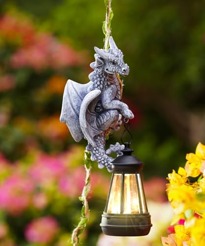 Solarleuchte für den Außenbereich, 16,3 cm hoch, Kunstharz-Drache klettert auf einer 60 cm Rebe mit LED-Laterne, wasserdichte hängende Tierfigur mit Haken für Hof, Garten, Wand, Balkon, Baumdekoration von Goodeco