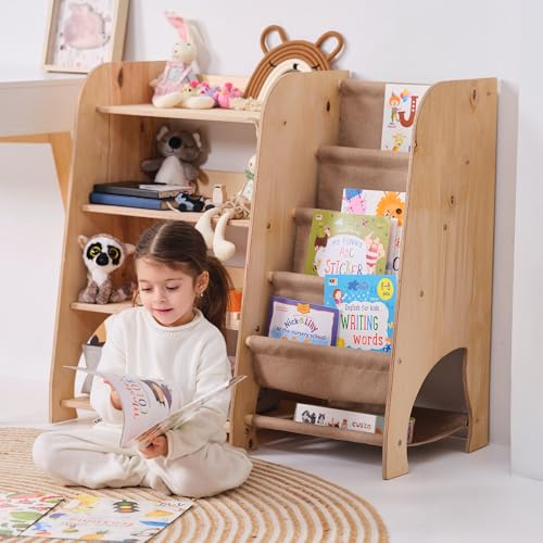 Goodevas Kinderbuchregal – Stylische Holz-Bücherregale für Kinder Einzigartig Design, sicherer und funktionaler Spielzeugorganisator für Schlafzimmer, Spielzimmer und Kinderzimmer (Beige, Large) von Goodevas