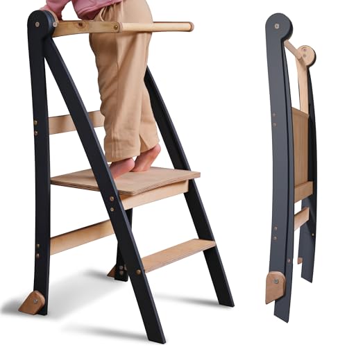 Holz Lernleiter Montessori platzsparend: Klappbare Lernleiter, Hocker für Kinder, Faltbare Kindertreppe, Lernleiter mit Kippschutz von Goodevas