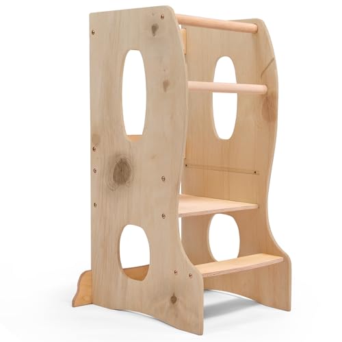 Lernturm Montessori – Höhenverstellbarer Kinderstuhl aus Holz ab 1 Jahr – Sicherer Steh- und Lernturm für Küche, Spiel & Lernen (Beige) von Goodevas