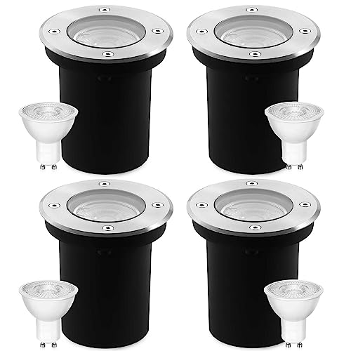 Goodia 4er Set Bodenstrahler Außen Schwenkbar GU10 IP67 Bodeneinbaustrahler Aussen mit LED GU10 3W Warmweiß (Wechselbar) - Rund Bodenleuchten Außen Mit Mattierten Ersatzlinsen 230V von Goodia
