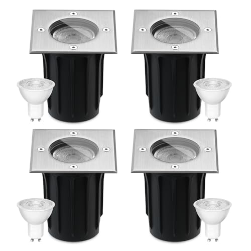 Goodia Led Bodeneinbaustrahler Aussen Schwenkbar GU10 (Wechselbar) 3W IP67 Bodenstrahler Außen, Led Einbaustrahler Außen/Bodeneinbaustrahler Mattierten Ersatzlinsen Bis zu 1000 kg Warmweiß 230V von Goodia