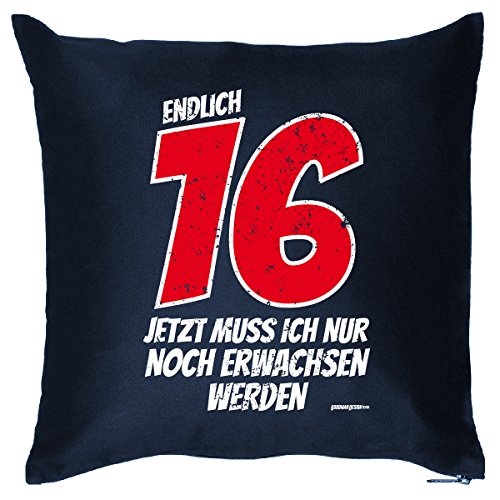 Goodman Design ® Kissen zum 16.Geburtstag Kissenbezug: 16 / Endlich 16 jetzt muss ich nur noch erwachsen Werden - Kissen mit Füllung Farbe: Navy von Goodman Design