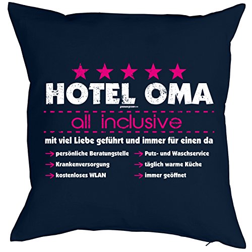 Goodman Design ® Lustiges Kuschelkissen für Oma - Geschenk Sprüche Kissen : Hotel Oma All Inclusive - Kissen ohne Füllung Farbe: Navyblau von Goodman Design