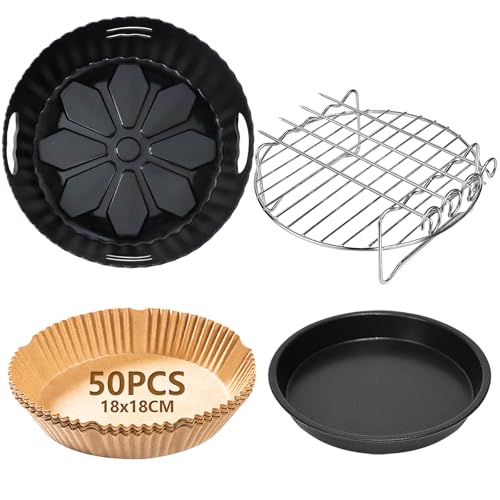 4PCS 19CM Heißluftfritteuse Zubehör - Airfryer Zubehör für Russell Hobbs 4L, Philips 2000-Serie 4,2L (NA229/00), Ninja 5,2L AF160EU, COSORI 3.8L, Grillrost Pizzapfanne Backpapier Silikonform von Goodpejine