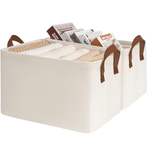 Goodpick Aufbewahrungsbox Kinder, Schrank Organizer, Aufbewahrungskorb für Badezimmer, Regal, Schreibtisch, Bad, Wäschekorb Faltbar, Korb Aufbewahrung, Rechteckig, 30L x 2, Beige von Goodpick