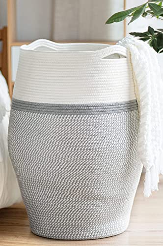Goodpick Groß Wäschekorb Wäschesammler Baumwolle Seil Korb für Aufbewahrung von Kissen Decken im Wohnzimmer 65cm Hoch, Weiß und Grau von Goodpick